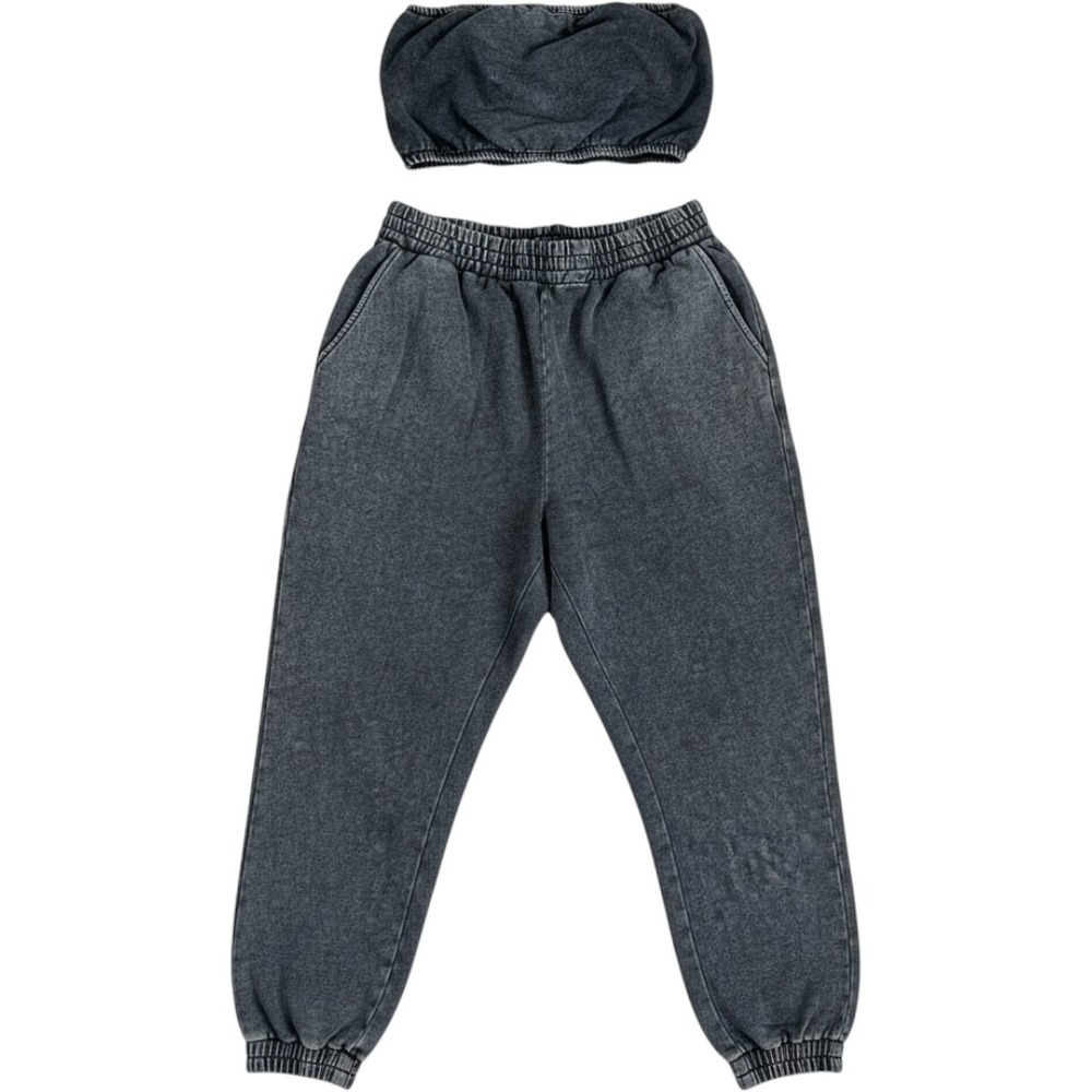 Forever 21 Plus Mineral Wash 2 Piece Set Bandeau Top and Joggers Charcoal 2X